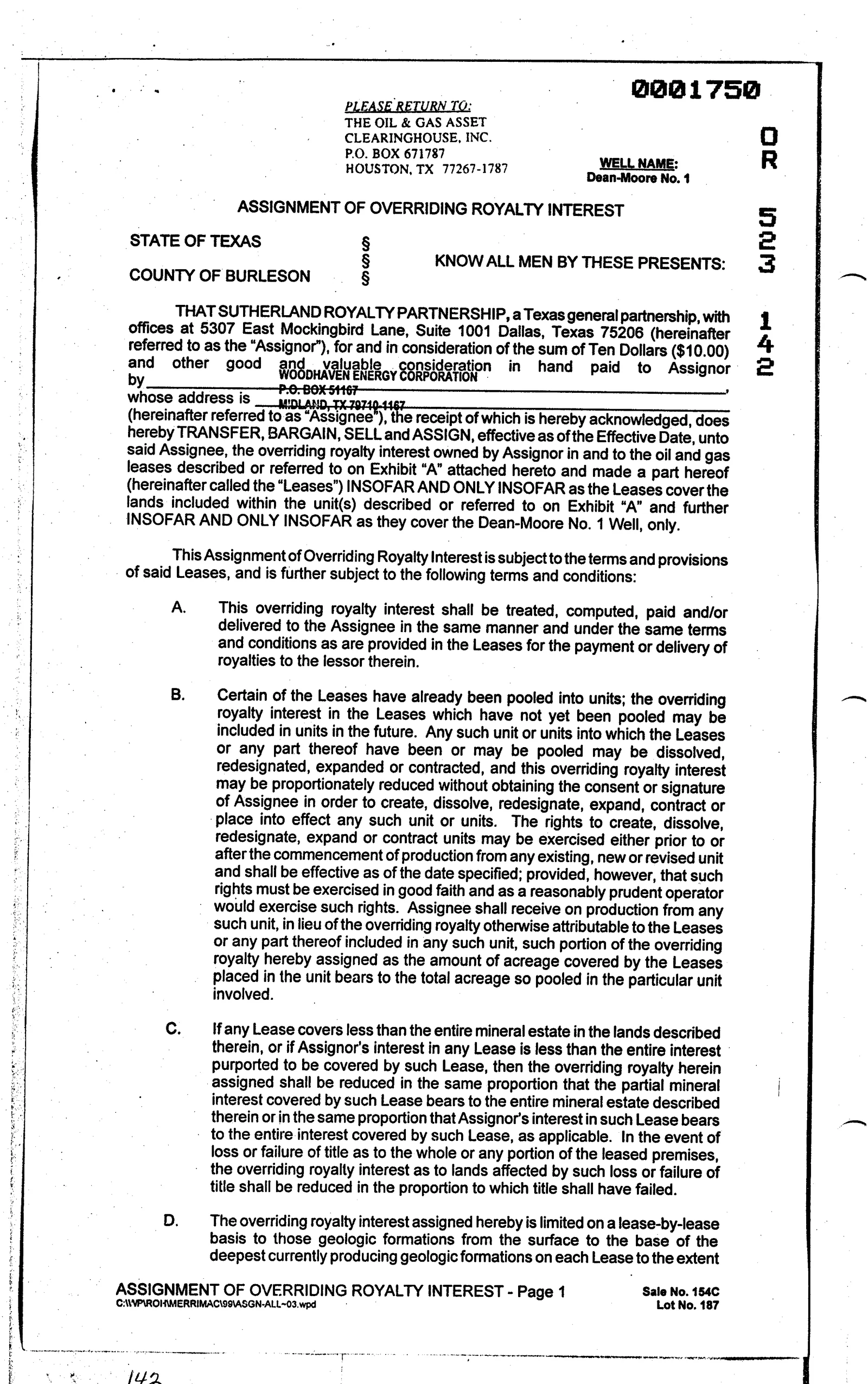 Sutherland Royalty Partnership - Recorded Asg Orr Royalty Intr (Vol. 523, Page 142)
