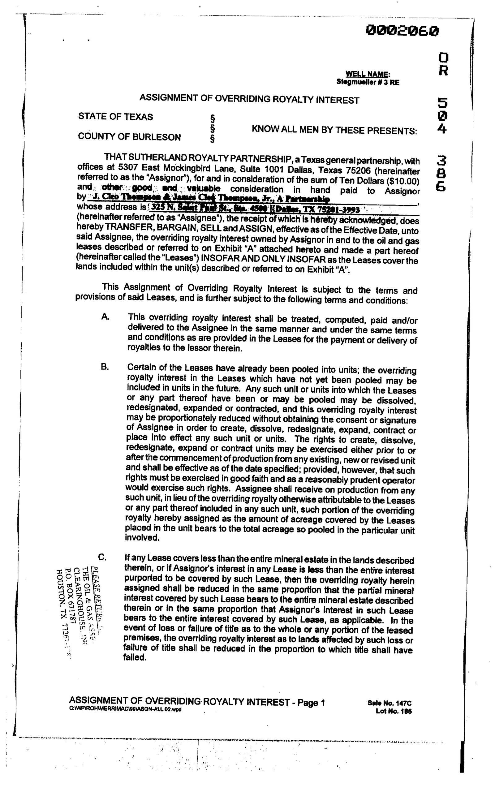 Sutherland Royalty Partnership - Recorded Asg Orr Royalty Intr (Vol. 504, Page 386)
